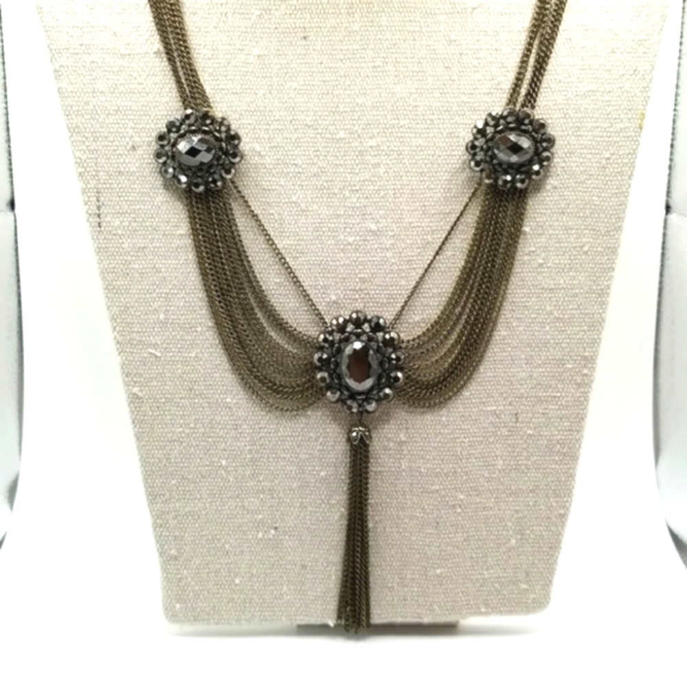 Spring Street NWT Brass Chain and Black Faceted Accenst Statement Necklace